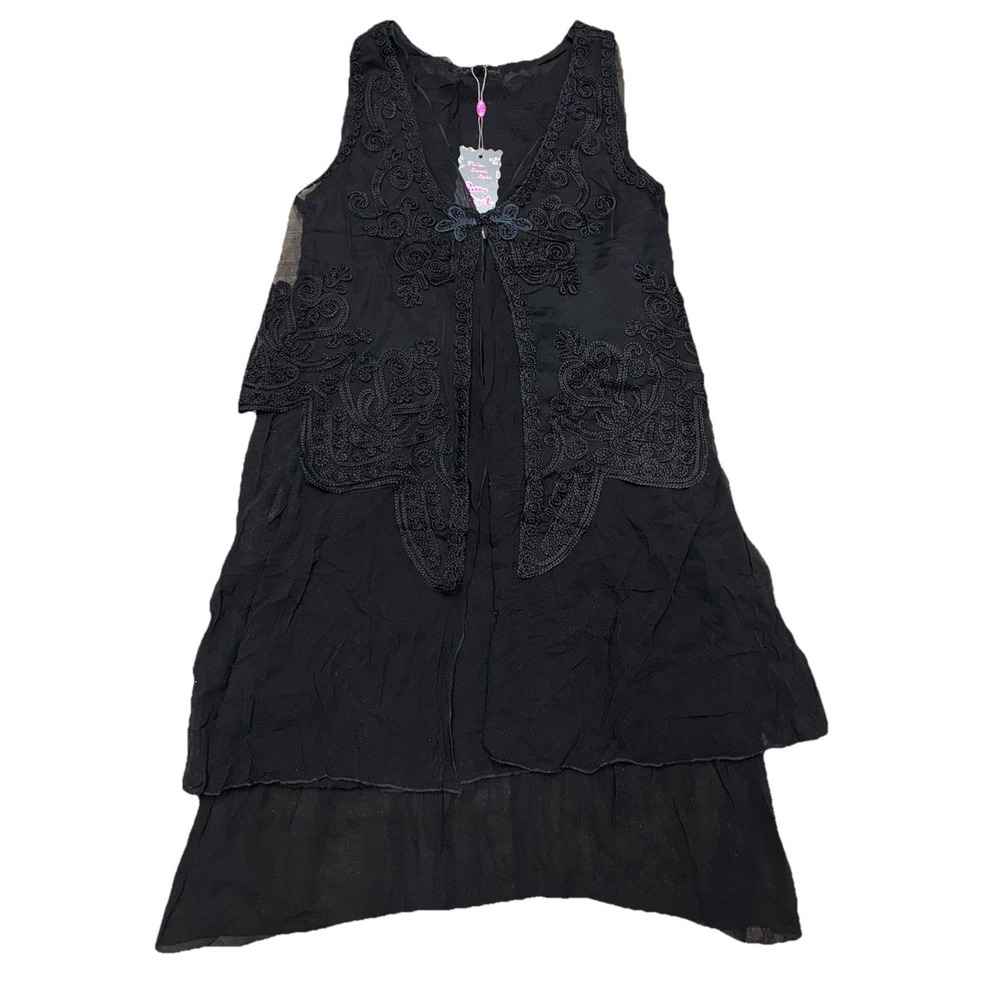 Pretty Angel Dress L Black Silk Blend 2pc‎ Layered Crochet Vest Fairy Grunge NEW